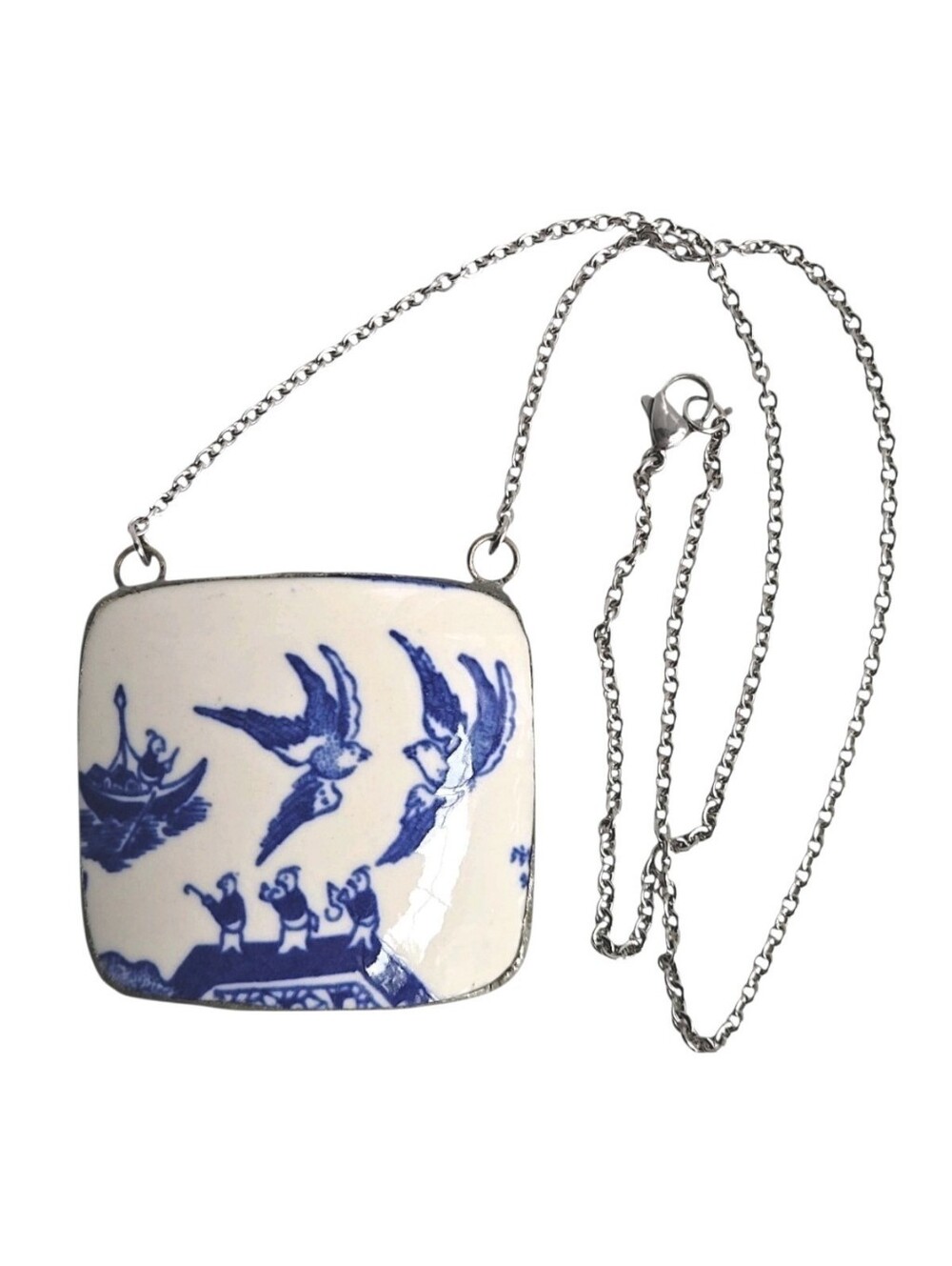 Blue Willow Love Birds Broken China 2-Sided Pendant Necklace Chinoiserie 20"